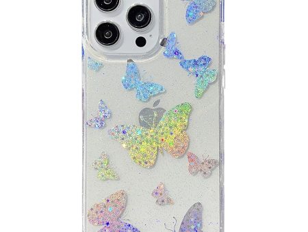 iPhone 14 Pro Hybrid Glitter Plastik Cover - Sommerfugle For Cheap