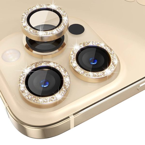 iPhone 13 Pro   13 Pro Max Kamera Glasbeskyttelse m. Rhinsten - Guld For Sale