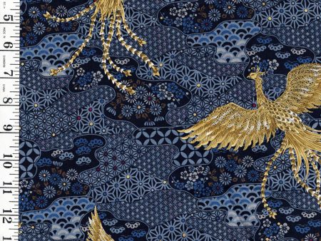 *Japanese - Cosmo Golden Phoenix, Flowers & Japanese Motifs- SP3700-3D - Blue - Last 2 1 3 Yards Cheap