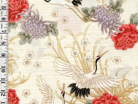 Japanese - Cosmo Flying Cranes, Mums, Peonies & Cherry Blossoms - Shantung Dobby Weave - AP42901-2A - CREAM For Sale