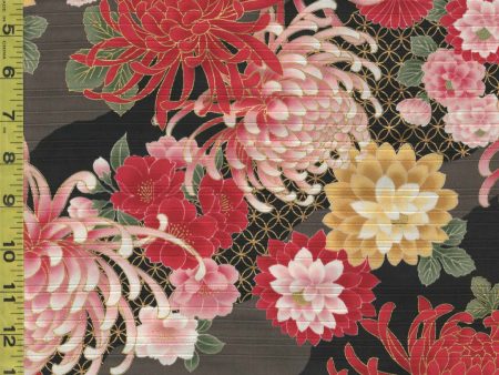 Japanese - Cosmo Chrysanthemums & Peonies - Shantung Dobby Weave - AP32703-1E - Gray - 1 Yard - Piece 2 Hot on Sale