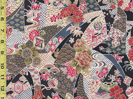 *Japanese - Compact Japanese Floral Collage with Japanese Motifs - TAK TM-7701-A - Black Fashion