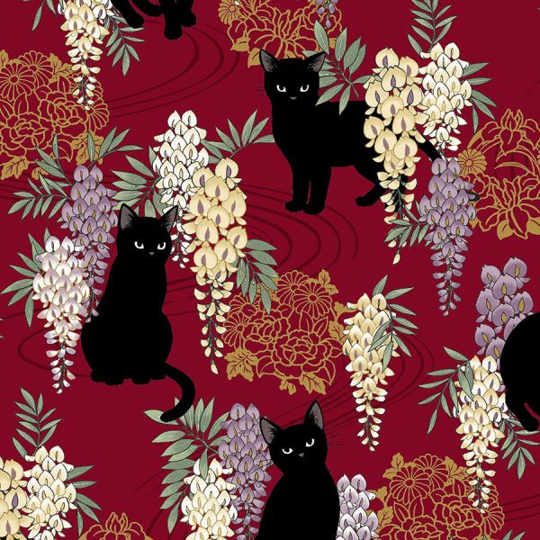 *Quilt Gate - Neko Mini Cats & Wisteria - HR3450-12E - DARK RED on Sale