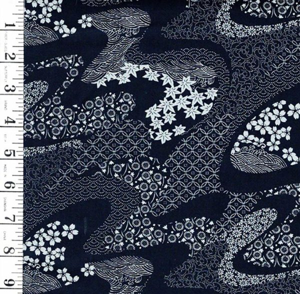 *Japanese - Sevenberry River Swirls with Japanese Motifs - Indigo - Last 3 2 3 yards Cheap