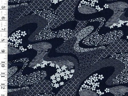 *Japanese - Sevenberry River Swirls with Japanese Motifs - Indigo - Last 3 2 3 yards Cheap