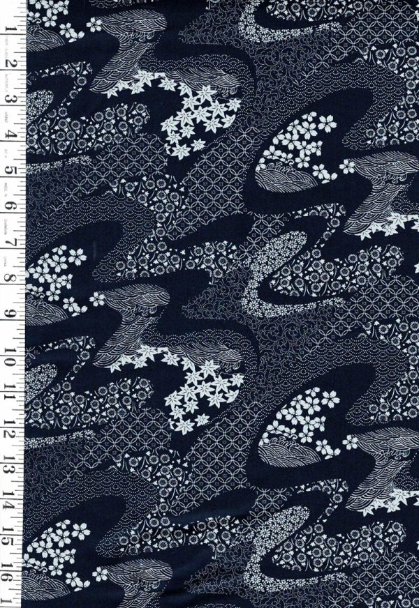 *Japanese - Sevenberry River Swirls with Japanese Motifs - Indigo - Last 3 2 3 yards Cheap