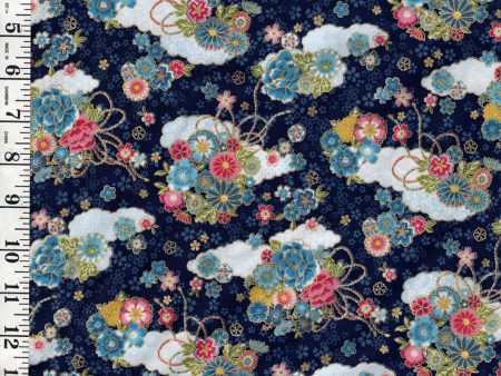 *Japanese - Cosmo Small Clouds with Floral Bouquets - AP42210-1C - Navy Supply