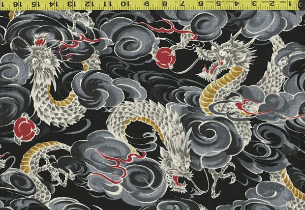 Japanese - KOKKA Todoroki Dragons in the Clouds - Dobby Weave - YGA-49110-3A40 - Black For Sale