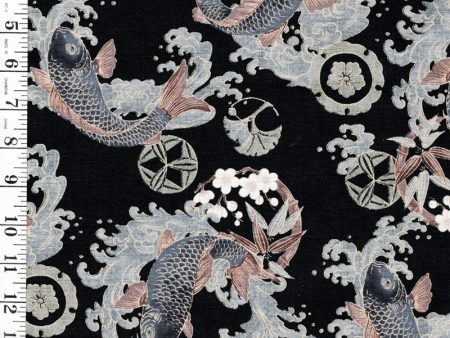 *Japanese - Koi, Bamboo, Cherry Blossoms & Waves - Dobby Weave - Black - Last 2 3 yards Online