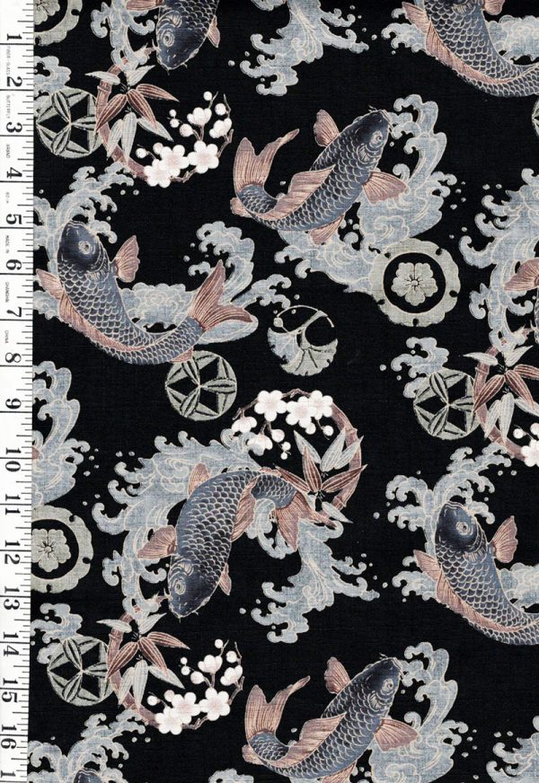 *Japanese - Koi, Bamboo, Cherry Blossoms & Waves - Dobby Weave - Black - Last 2 3 yards Online