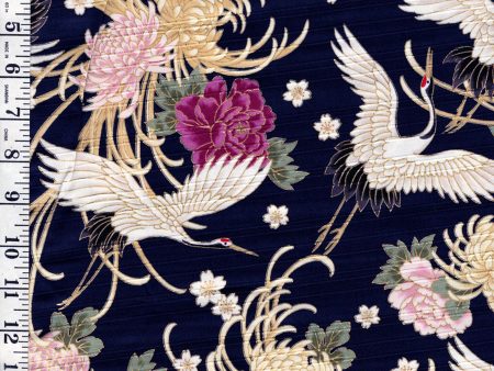 Japanese - Cosmo Flying Cranes, Mums, Peonies & Cherry Blossoms - Shantung Dobby Weave - AP42901-2C - NAVY Online