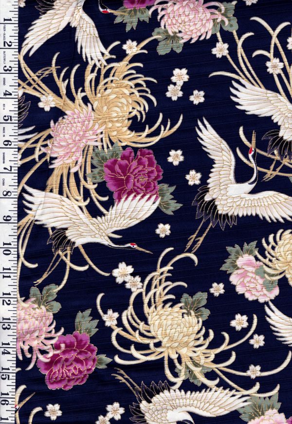 Japanese - Cosmo Flying Cranes, Mums, Peonies & Cherry Blossoms - Shantung Dobby Weave - AP42901-2C - NAVY Online