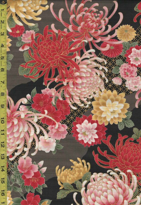 Japanese - Cosmo Chrysanthemums & Peonies - Shantung Dobby Weave - AP32703-1E - Gray - 1 1 4 Yards - Piece 1 Fashion