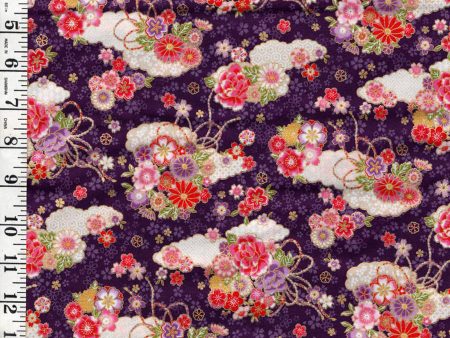 *Japanese - Cosmo Small Clouds with Floral Bouquets - AP42210-1B - Purple Supply