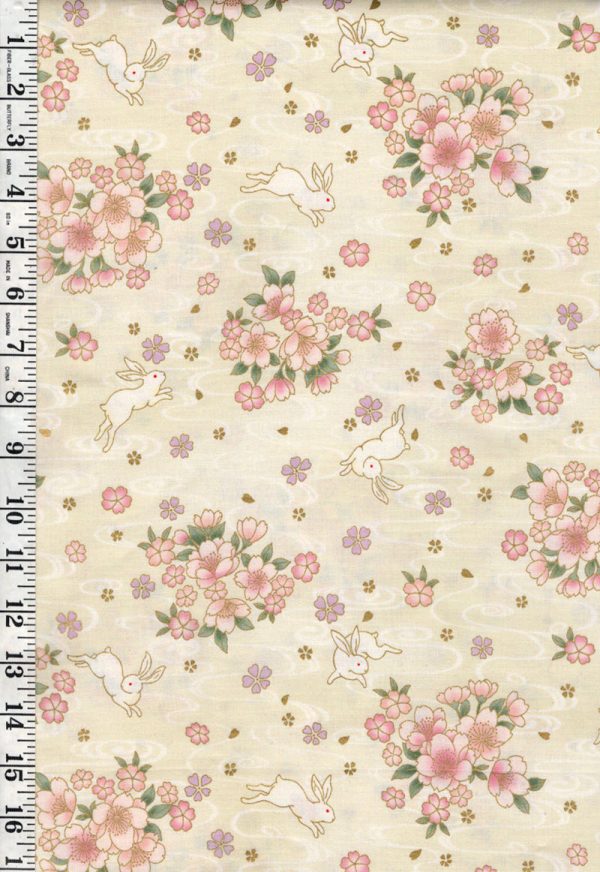 Quilt Gate - Usagi Collection - Bunnies, Blossoms & River Swirls - HR3420-12A- Cream Sale