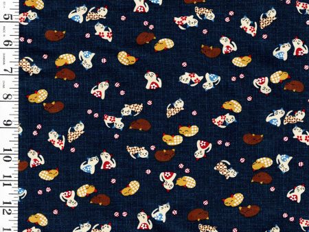 *Japanese Novelty - Small Colorful Kittens - KW-3375-15A - Dark Navy  Indigo For Sale