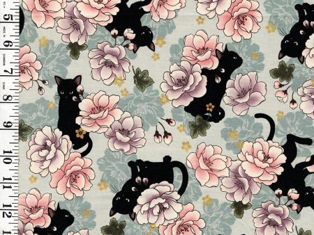 *Quilt Gate - Neko Mini Cats & Peonies - HR3450-11C - AQUA Sale