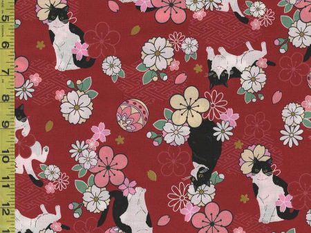 *Japanese Novelty - Cosmo Tuxedo Cats & Floating Plum Blossoms - AP31908-2C - Red - Last 2 Yards Online Hot Sale