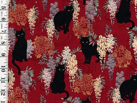 *Quilt Gate - Neko Mini Cats & Wisteria - HR3450-12E - DARK RED on Sale