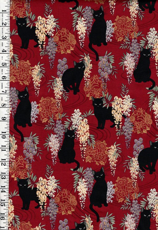 *Quilt Gate - Neko Mini Cats & Wisteria - HR3450-12E - DARK RED on Sale