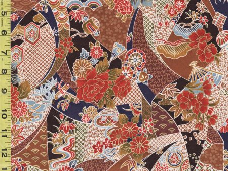 *Japanese - Compact Japanese Floral Collage with Japanese Motifs - TAK TM-7701-D - Brown For Sale