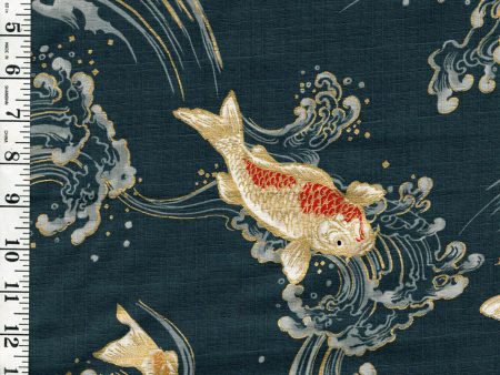 *Japanese - Hokkoh Colorful Koi  Carp with Crested Waves - Dobby Weave - 1025-1100-2C - Denim Blue Online Sale