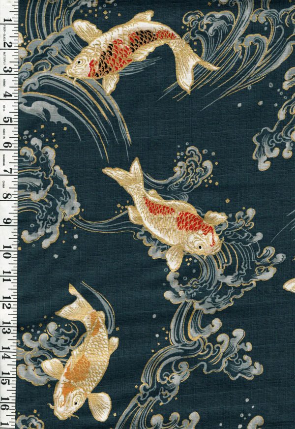 *Japanese - Hokkoh Colorful Koi  Carp with Crested Waves - Dobby Weave - 1025-1100-2C - Denim Blue Online Sale