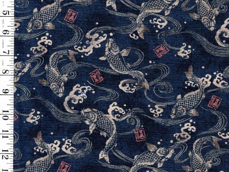 *Japanese - Transpacific Koi, Water Swirls & Crested Waves - Indigo - Last 3 yards For Cheap