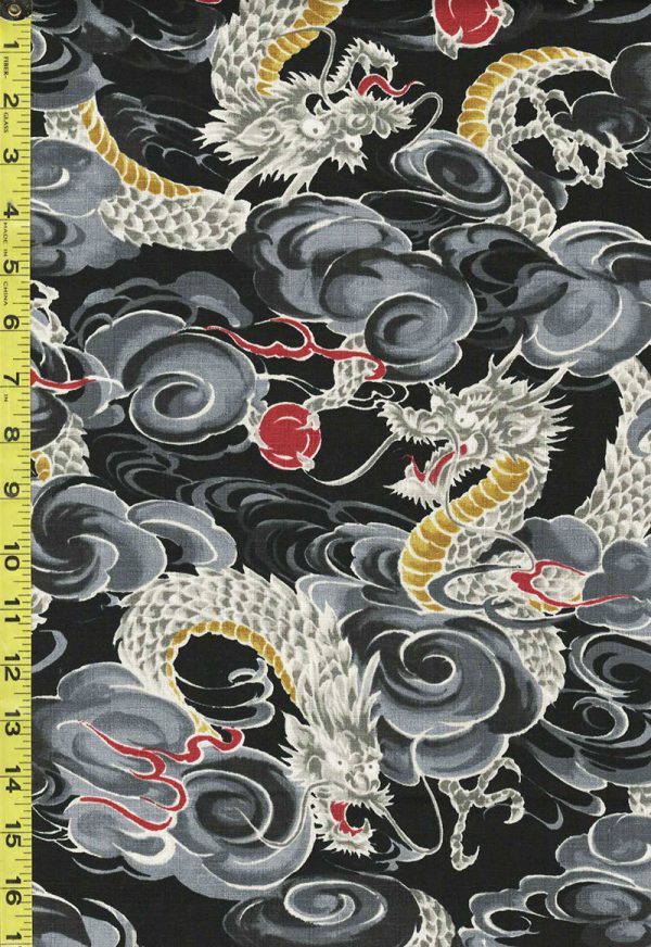 Japanese - KOKKA Todoroki Dragons in the Clouds - Dobby Weave - YGA-49110-3A40 - Black For Sale