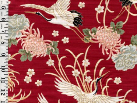 Japanese - Cosmo Flying Cranes, Mums, Peonies & Cherry Blossoms - Shantung Dobby Weave - AP42901-2B - RED Cheap