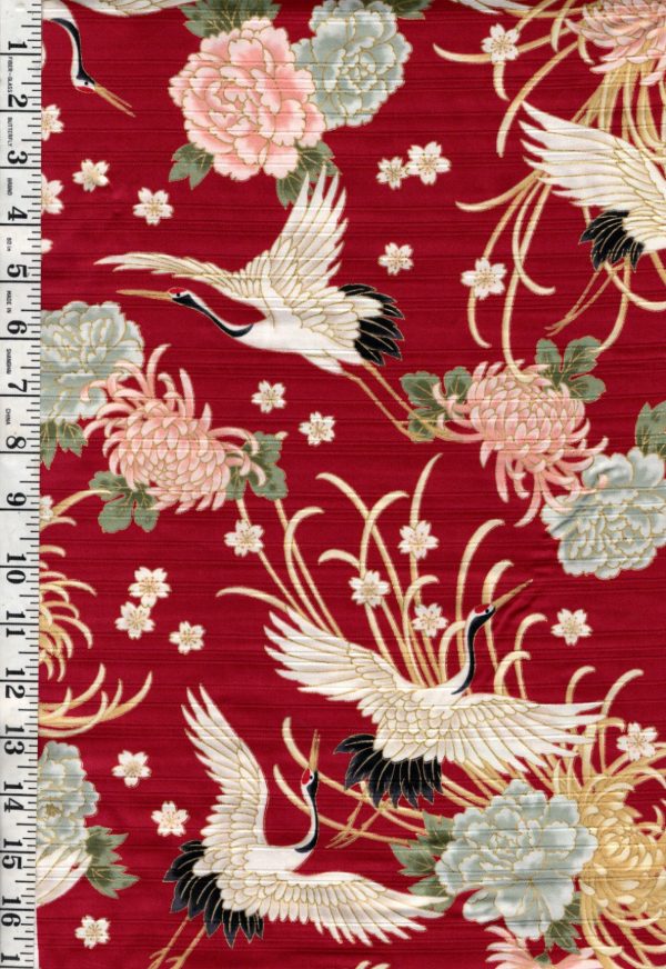 Japanese - Cosmo Flying Cranes, Mums, Peonies & Cherry Blossoms - Shantung Dobby Weave - AP42901-2B - RED Cheap