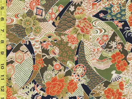 *Japanese - Compact Japanese Floral Collage with Japanese Motifs - TAK TM-7701-E - Olive Green Online now