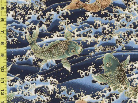 *Japanese - Naka Koi & Crested Waves - N-2700-11B - Blue - Last 2 1 2 Yards Online Sale