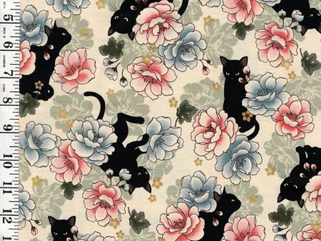 *Quilt Gate - Neko Mini Cats & Peonies - HR3450-11A - CREAM For Sale