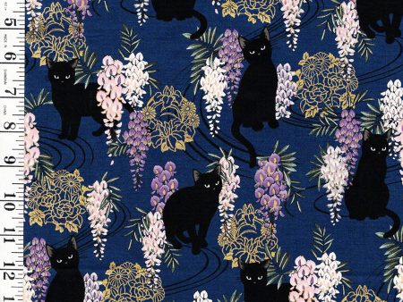 *Quilt Gate - Neko Mini Cats & Wisteria - HR3450-12F - NAVY Hot on Sale