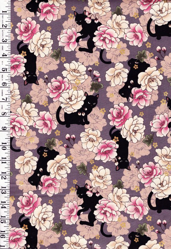 *Quilt Gate - Neko Mini Cats & Peonies - HR3450-11D - HYACINTH Online now