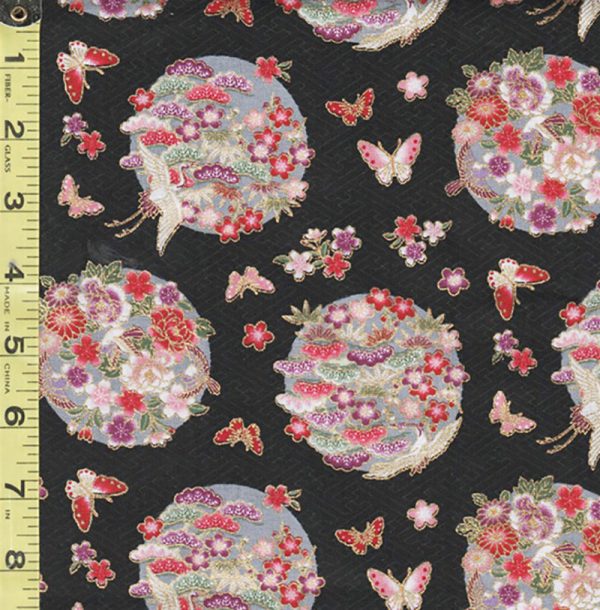 *Japanese - Floating Floral Balls with Butterflies, Blossoms, Pines & Cranes - TAK TM-7702-A - Black Online Sale