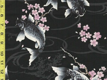 Japanese - KOKKA Todoroki Koi & Cherry Blossoms - Dobby Weave - YGA-49110-D40 - Black on Sale