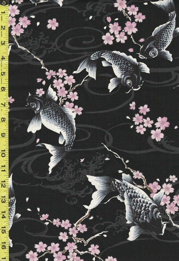 Japanese - KOKKA Todoroki Koi & Cherry Blossoms - Dobby Weave - YGA-49110-D40 - Black on Sale