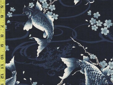 Japanese - KOKKA Todoroki Koi & Cherry Blossoms - Dobby Weave - GA-49110-C32 - Indigo Hot on Sale