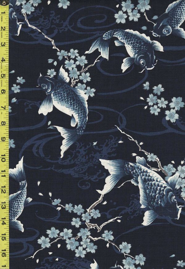 Japanese - KOKKA Todoroki Koi & Cherry Blossoms - Dobby Weave - GA-49110-C32 - Indigo Hot on Sale