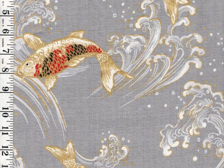 *Japanese - Hokkoh Colorful Koi  Carp with Crested Waves - Dobby Weave - 1025-1100-2B - Gray Online Hot Sale