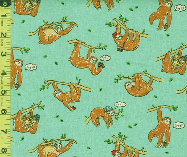 Japanese Novelty -Sloths Hanging from Branches - Cotton-Linen - AP02404-2C - Dark Mint Green - ON SALE - 30% OFF - By the Yard Supply