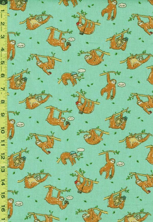 Japanese Novelty -Sloths Hanging from Branches - Cotton-Linen - AP02404-2C - Dark Mint Green - ON SALE - 30% OFF - By the Yard Supply