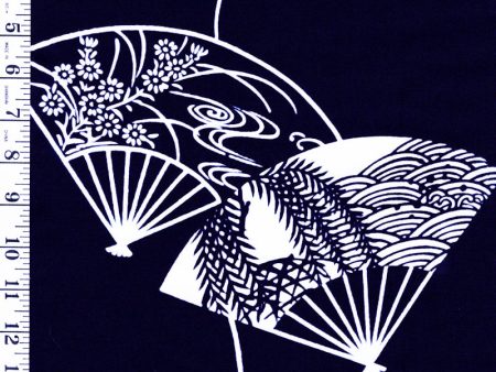 Yukata Fabric - 696 - Large Japanese Fans - Dark Navy - Indigo Supply