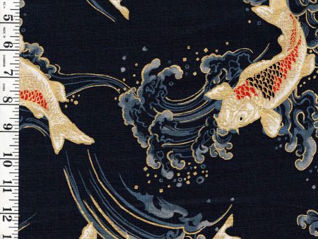 *Japanese - Hokkoh Colorful Koi  Carp with Crested Waves - Dobby Weave - 1025-1100-2D - Indigo Online