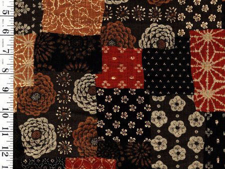 *Japanese - Sevenberry Nara Homespun - Floral Patchwork Collage with Gold Metallic - SB-88501-1-6 - Brown - Last 2 3 4 Yards Hot on Sale