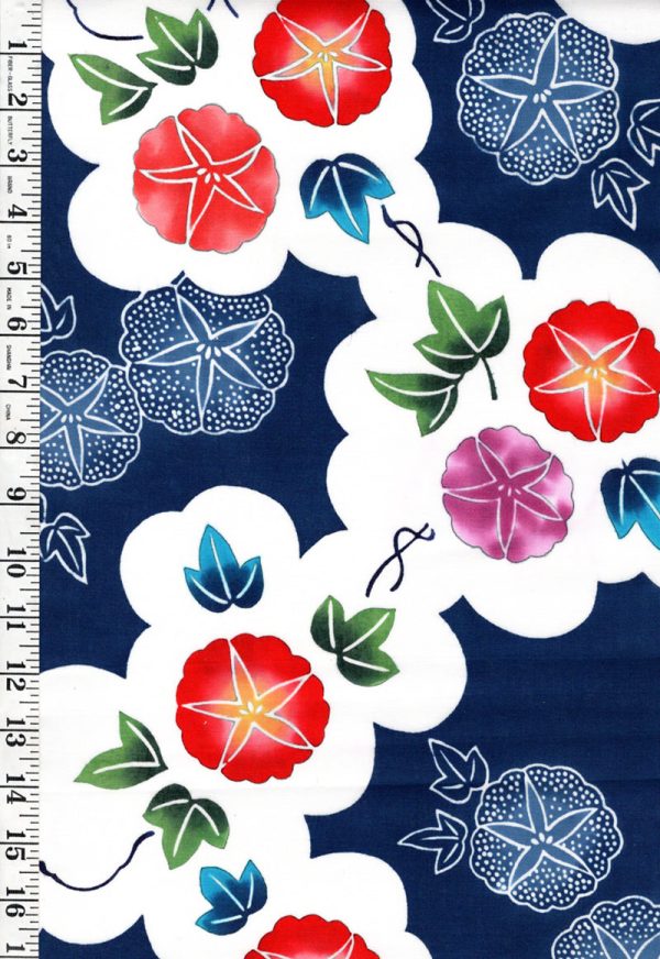 Yukata Fabric - 689 - Morning Glories & Sand Dollars - Blue For Discount