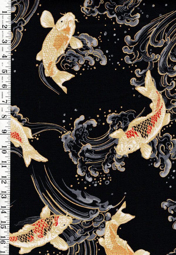 *Japanese - Hokkoh Colorful Koi  Carp with Crested Waves - Dobby Weave - 1025-1100-2E - Black on Sale