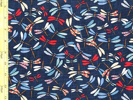 *Japanese Novelty - Colorful Dragonflies - KW-3375-8A - Dark Navy  Indigo Online Sale